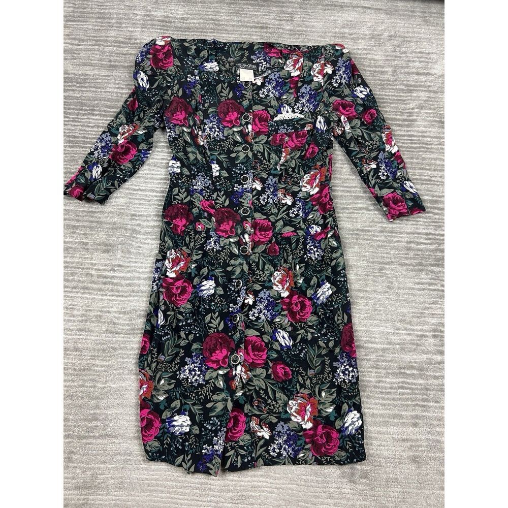 Vintage 80s 90s All That Jazz Dress 7/8 Black Floral Cottage Core Midi Grunge